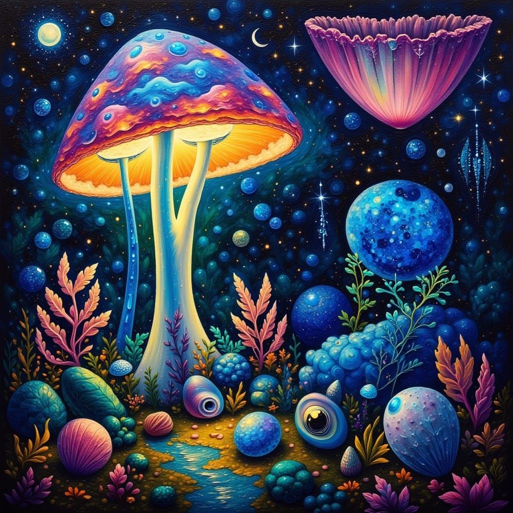 Cubist Oil Painting of a Mystical Mushroom with Ethereal Glo...