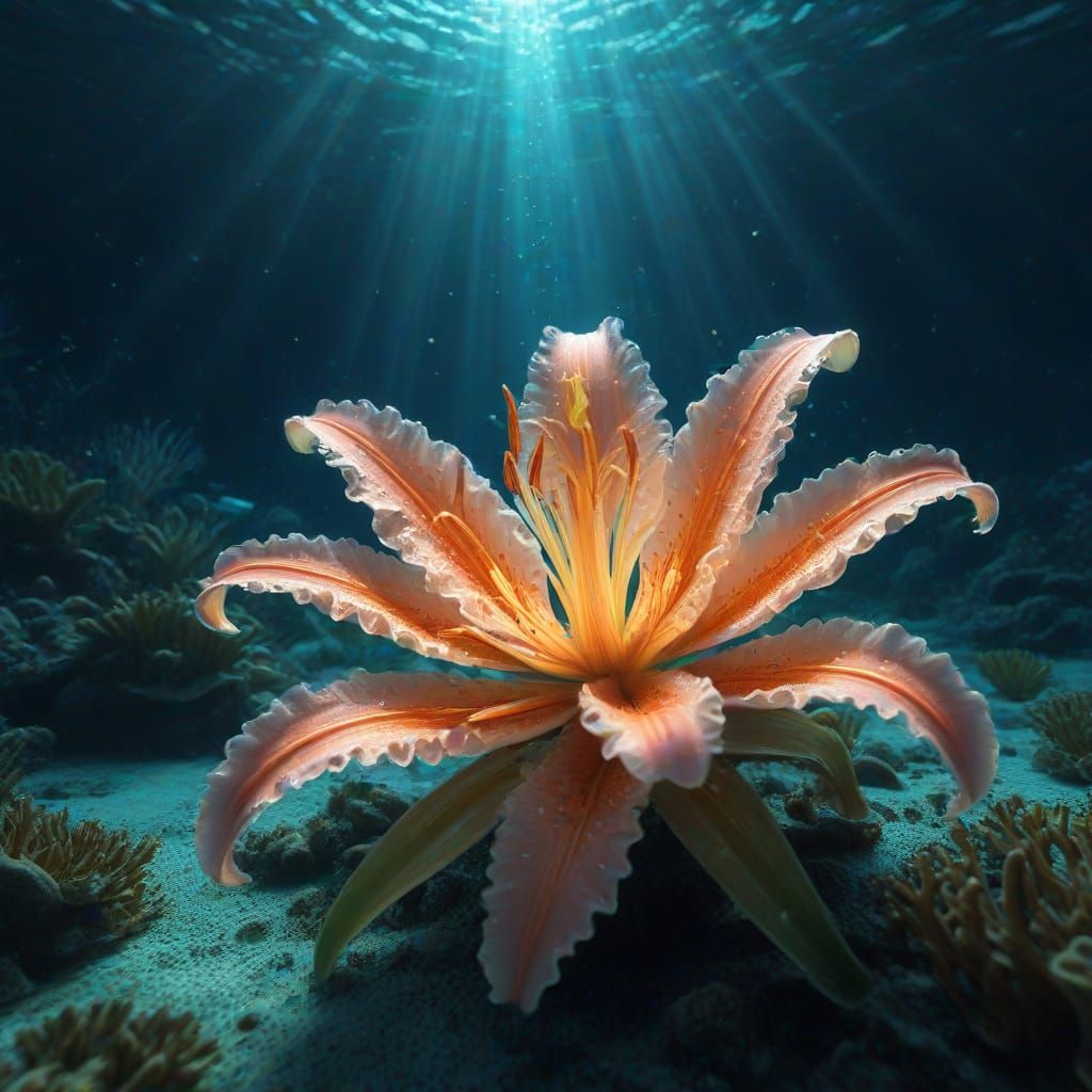 Ethereal Lily Flower Rests on Seabed in Vibrant Underwater A...