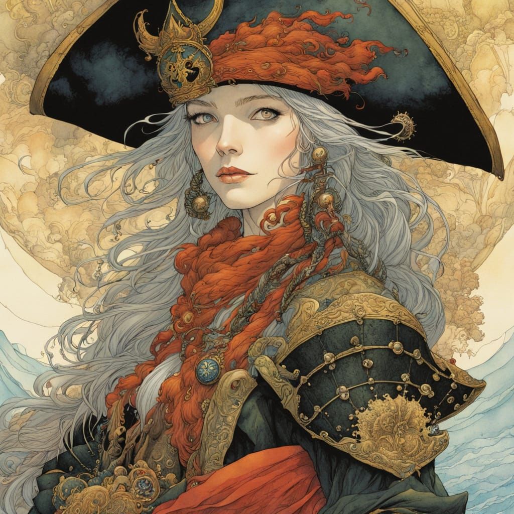 Majestic Pirate Queen in Vibrant Watercolour Ink