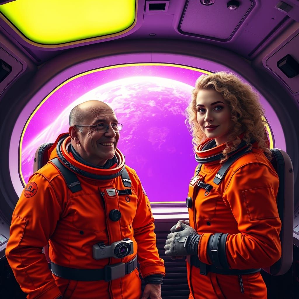 Cosmic Explorers in Vibrant Orange Spacesuits, Amidst a Star...