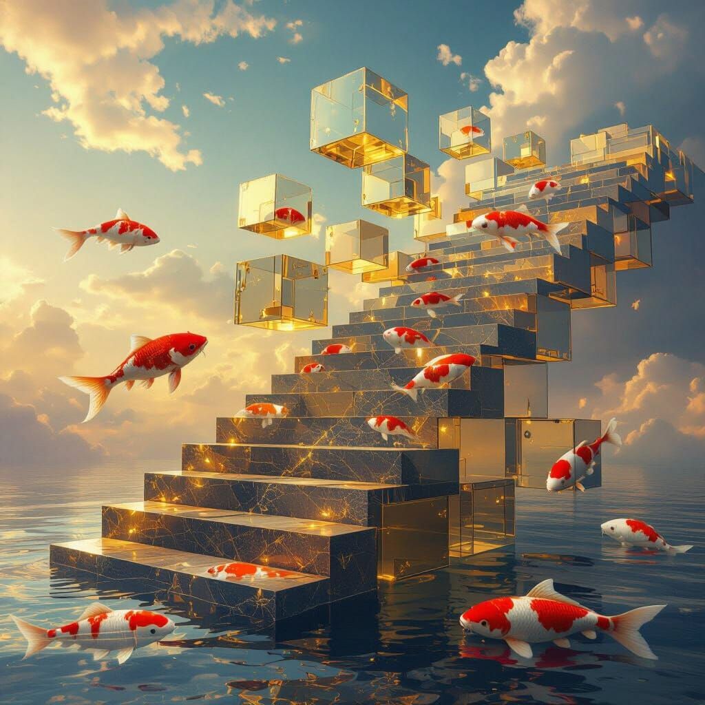 Mystical Staircase of Glass Cubes in Liquid Gold Sky
