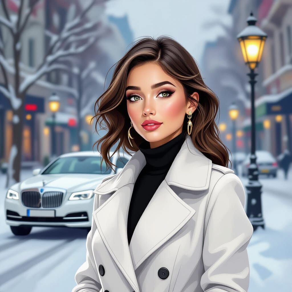 Fashion Illustration of Woman in White Coat with Luxury Car