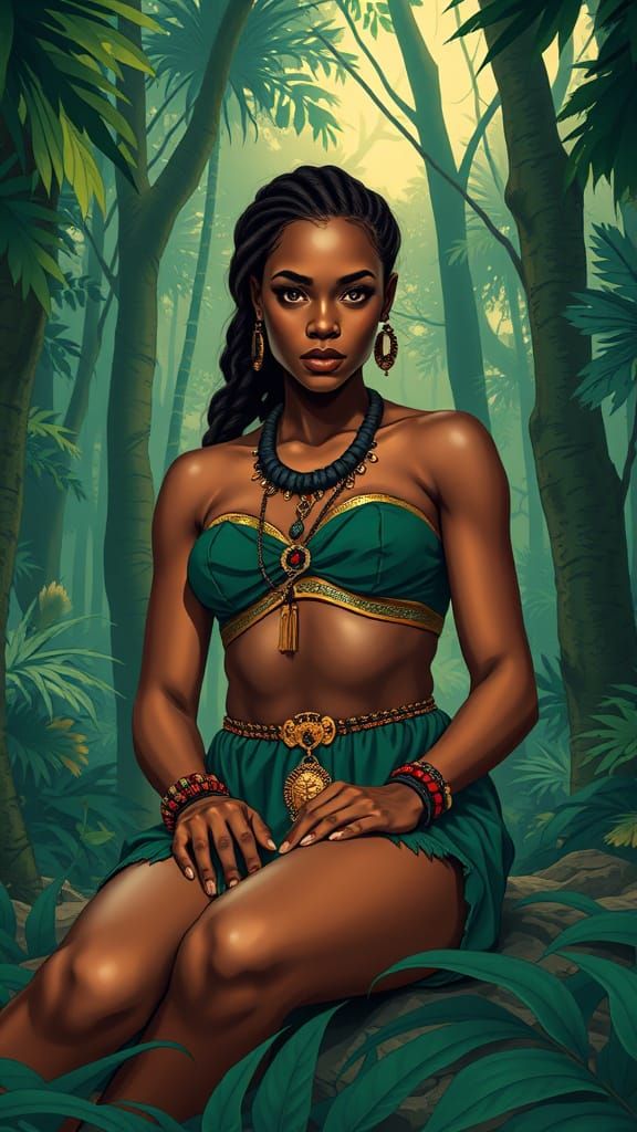 African Warrior in Emerald Forest: Art Deco Illustration