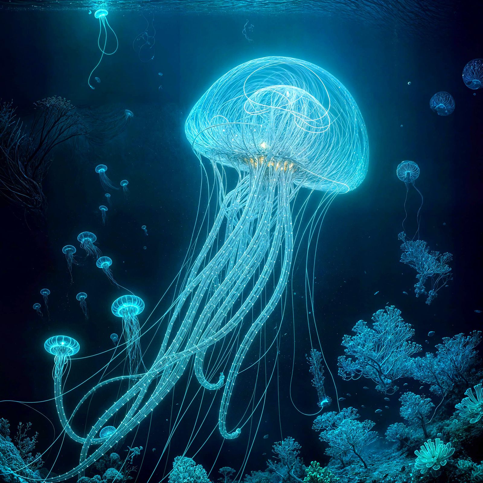 Bioluminescent Jellyfish in a Dark Alien Ocean