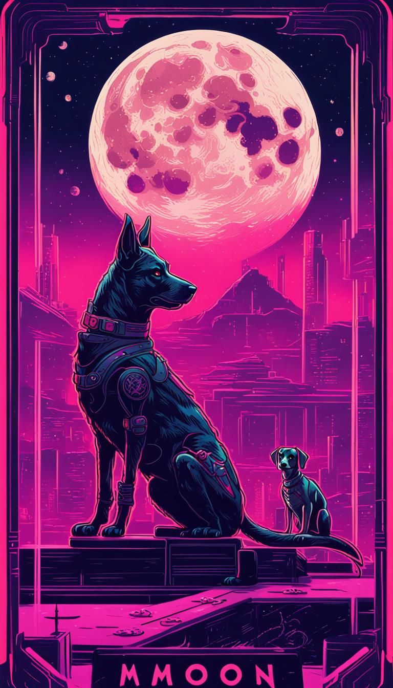 The Moon Tarot Card in Cyberpunk Style