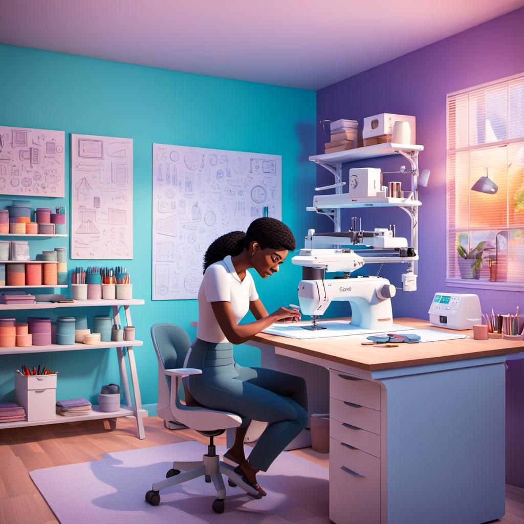 Woman in Craft Room with Cricut Machine: 3D Digital Art