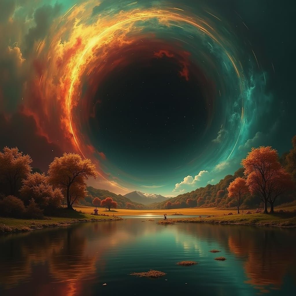 Vibrant Botanic Landscape with Gilded Trees and Mountains