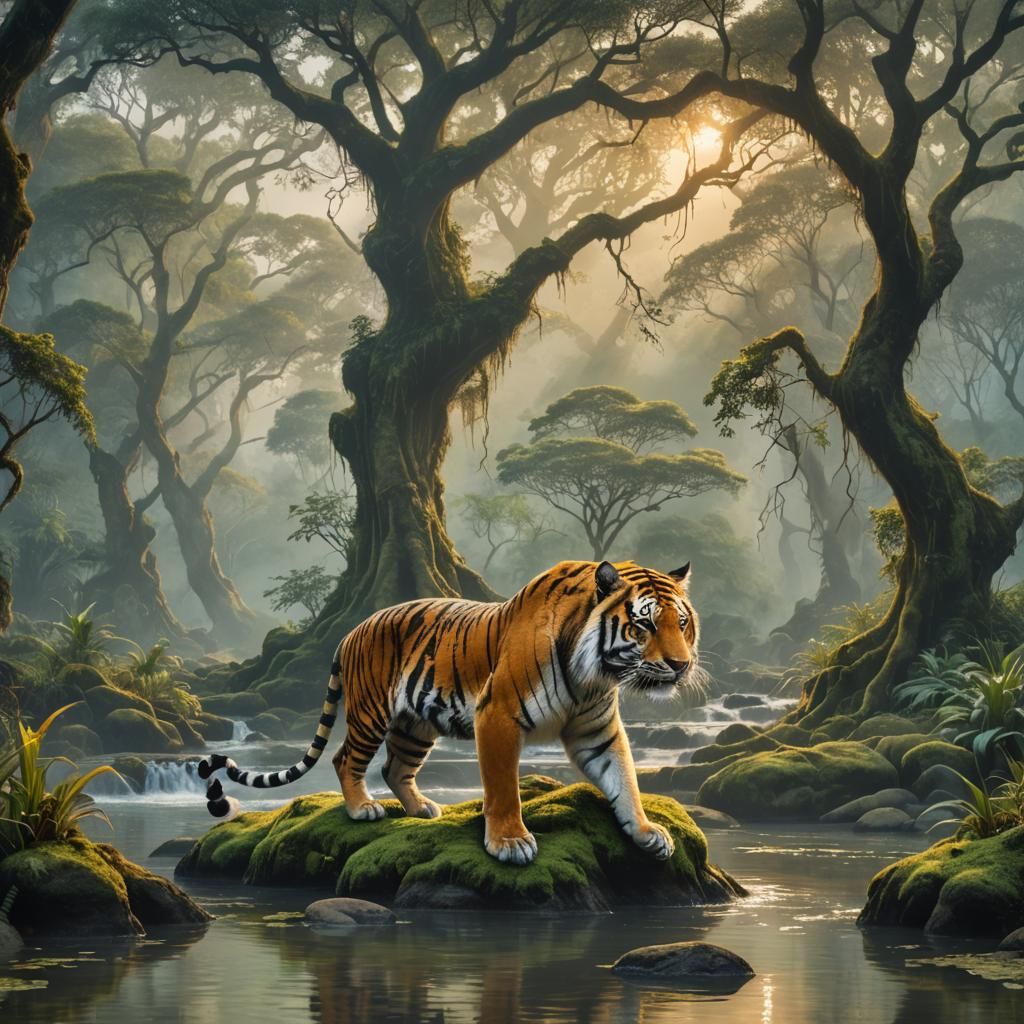 Bengal Tiger in Misty Jungle Dawn