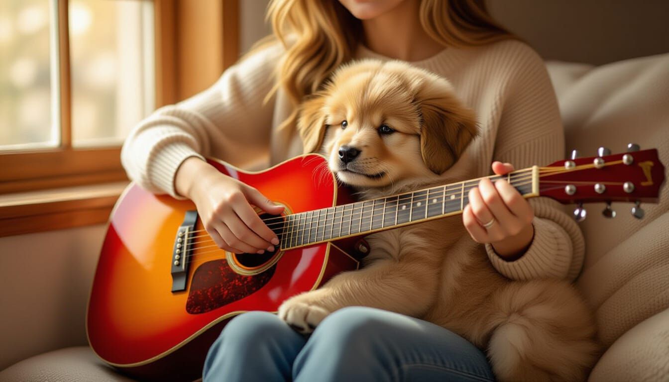 Puppy Rests on Lap While Owner Plays Red Guitar