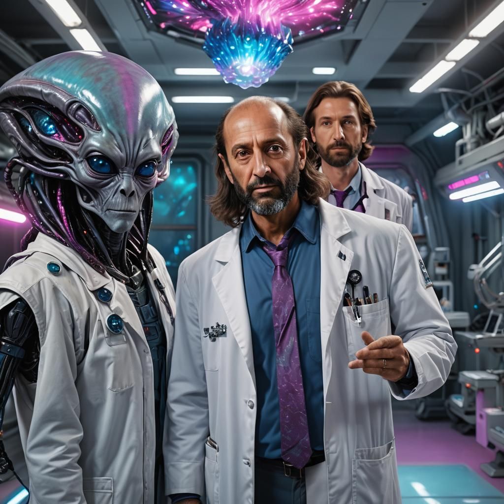 Alien Encounter in High-Tech Hangar, Hyperrealistic Splash A...