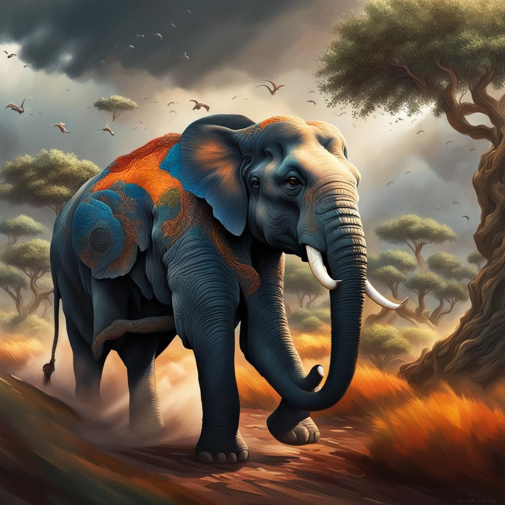 Asiatic Elephant Guards Zone in Hyperrealistic Art
