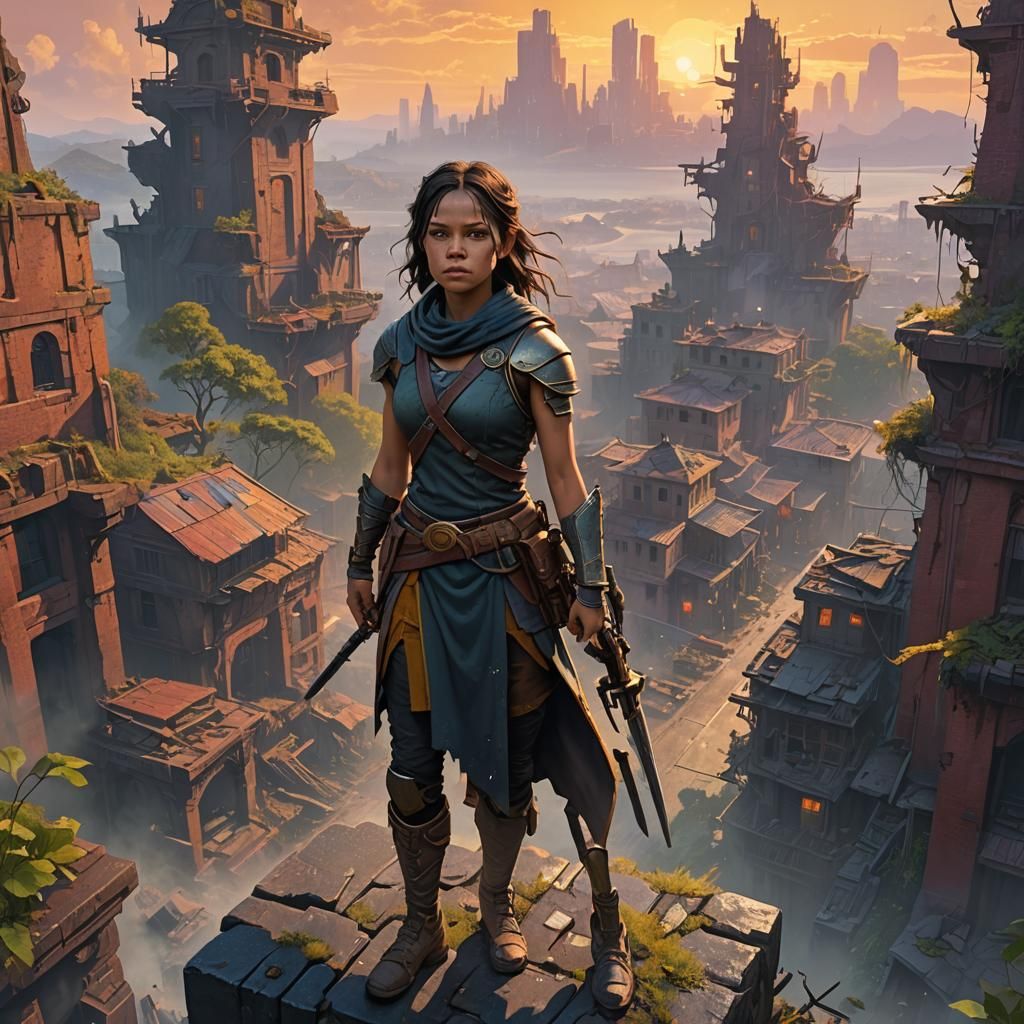 Female Warrior in Ruined Cityscape: Digital Concept Art