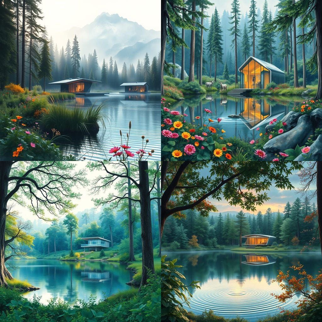 Ethereal Forest Oasis with Futuristic Watercolor Cabin