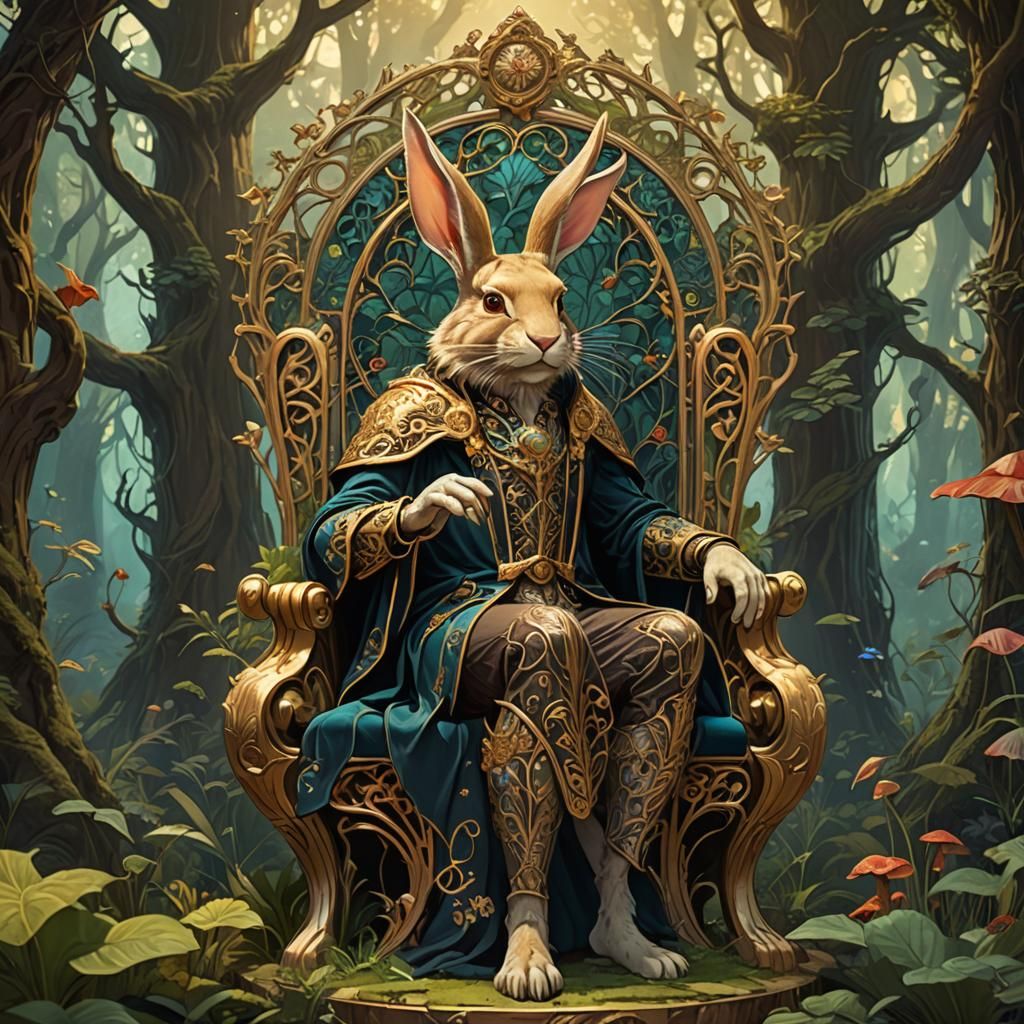 King Rabbit on Forest Throne in Art Nouveau Style