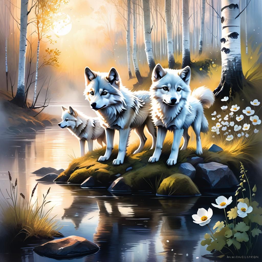 wolf cubs in the morning