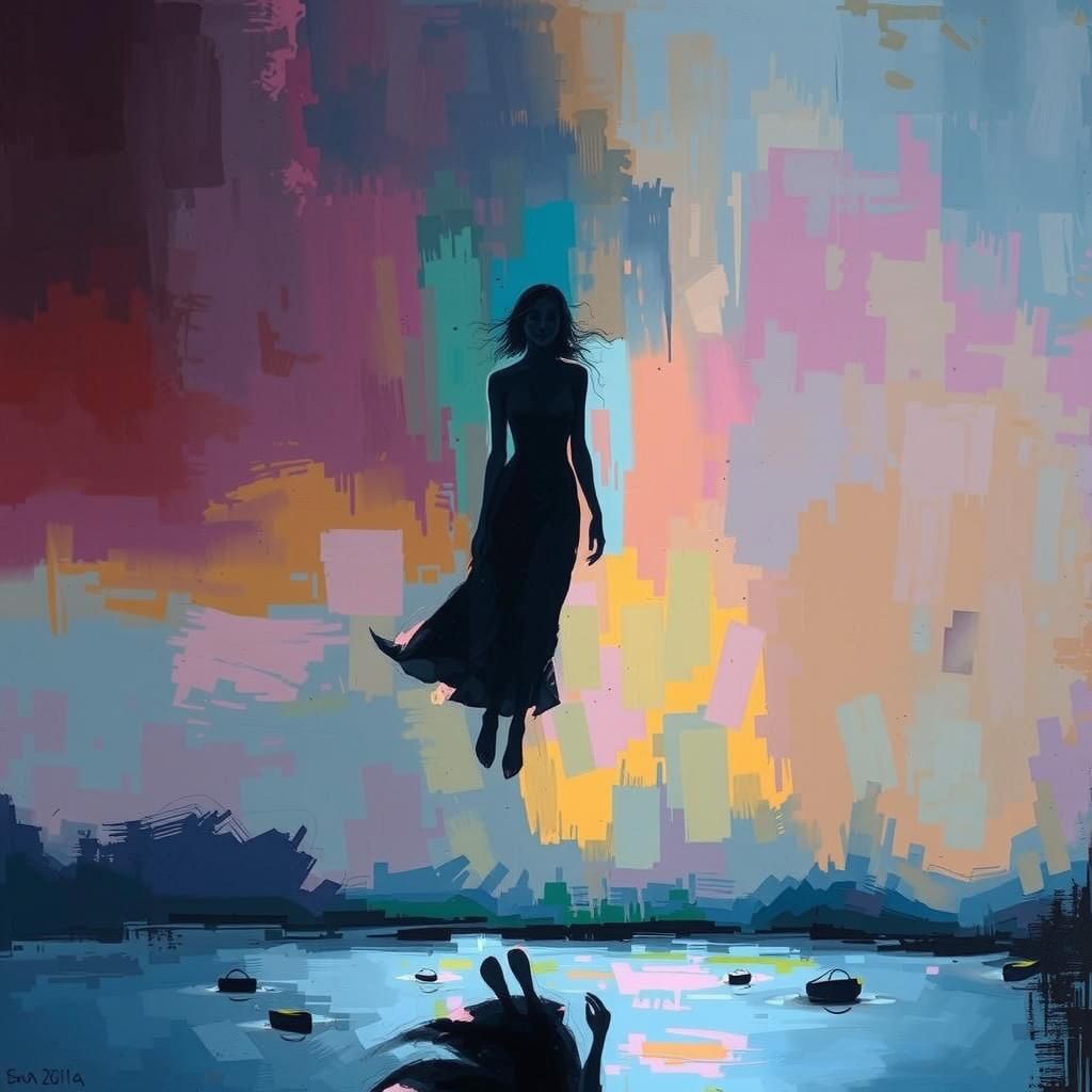 A human figure in a dreamlike state, melting into a distorte...