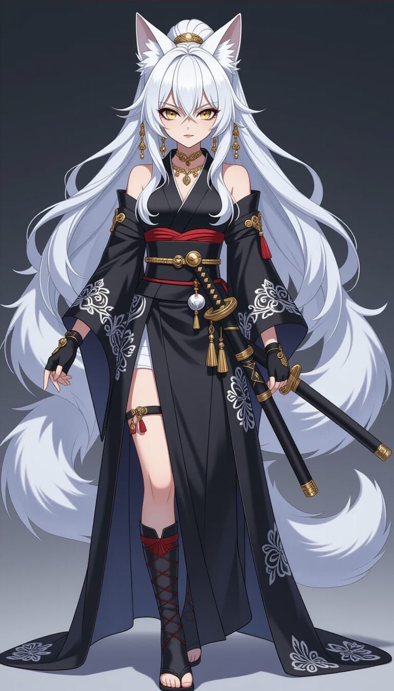 Anime Kitsune Admiral with Katana in Battle Kimono