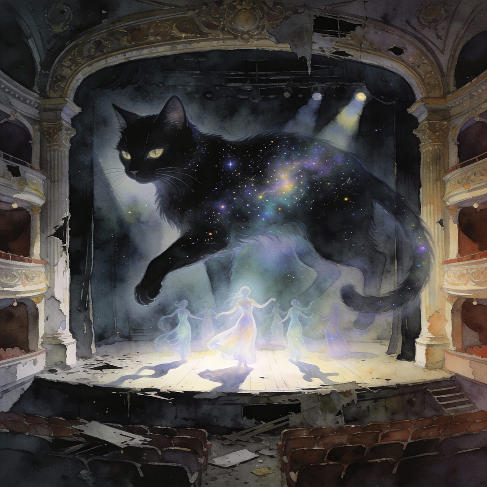 Spectral Black Cat in Abandoned Opera House