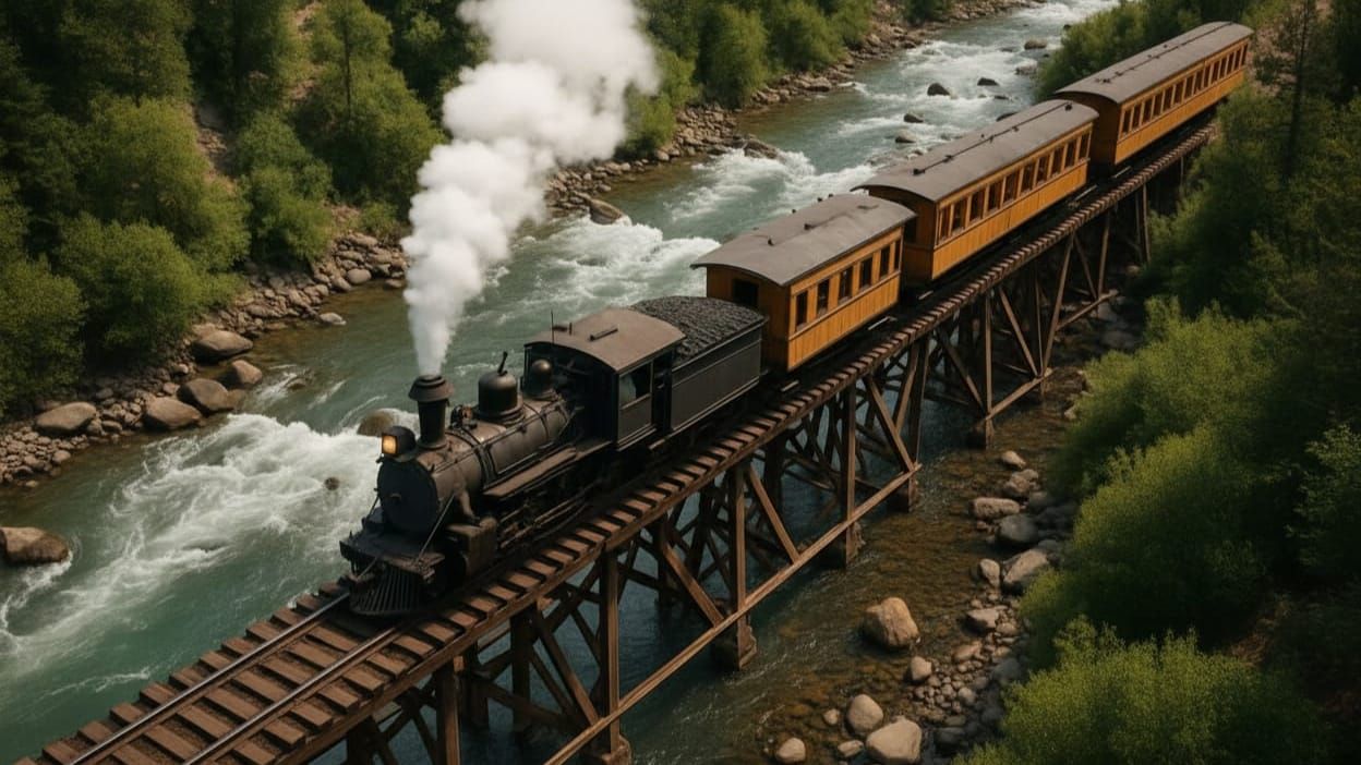 1880s Steam Locomotive on Trestle Bridge Over Mountain River