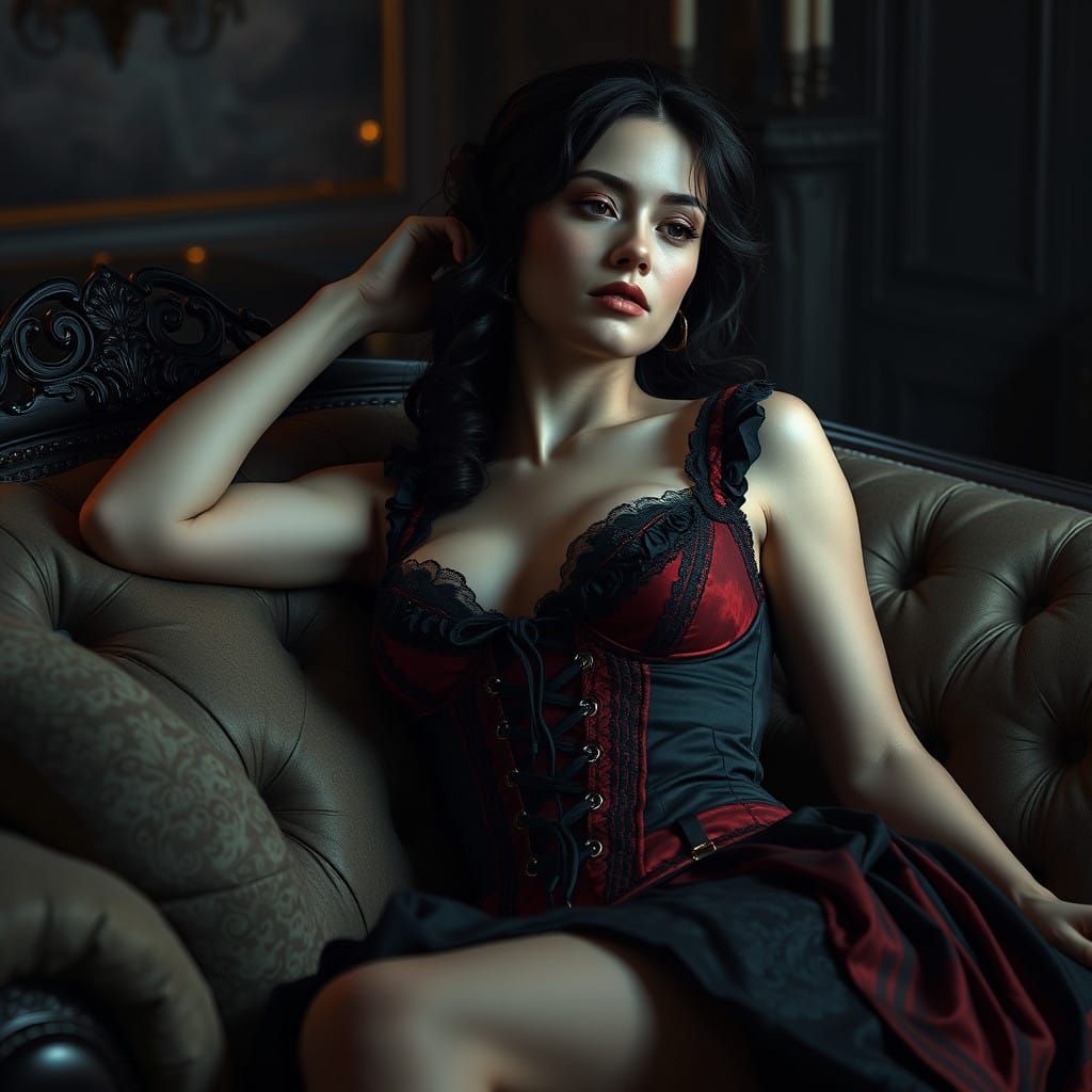 Luxurious Lady in Black and Red Corset Reclining on a Sofa