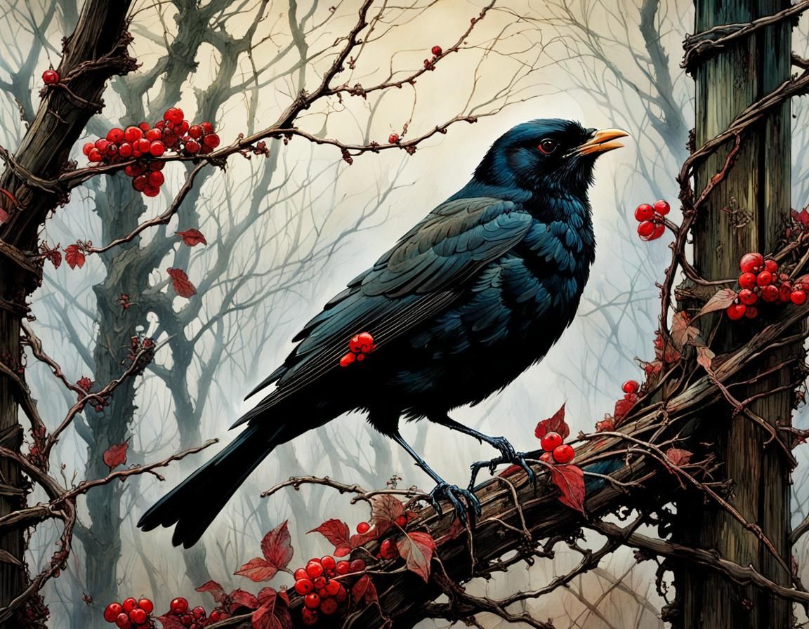 Eerie Blackbird in Leafless Branches Illustration