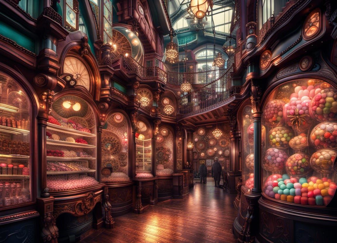 Victorian Steampunk Candy Shop in Hyperrealistic Detail
