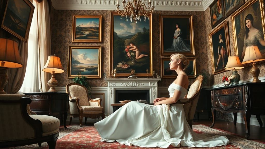 Elegant Woman in a Luxurious, Art-Filled Room