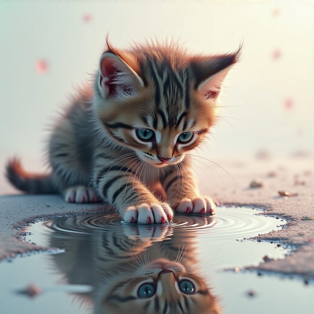 Whimsical Kitten Reflecting in Puddle: Fantasycore Art