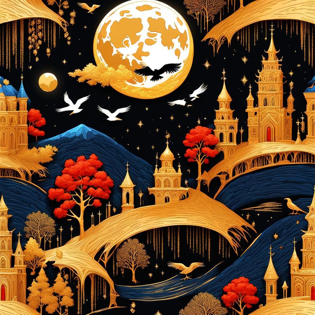 Crystal Moon Over Forest: Palekh Style Illustration