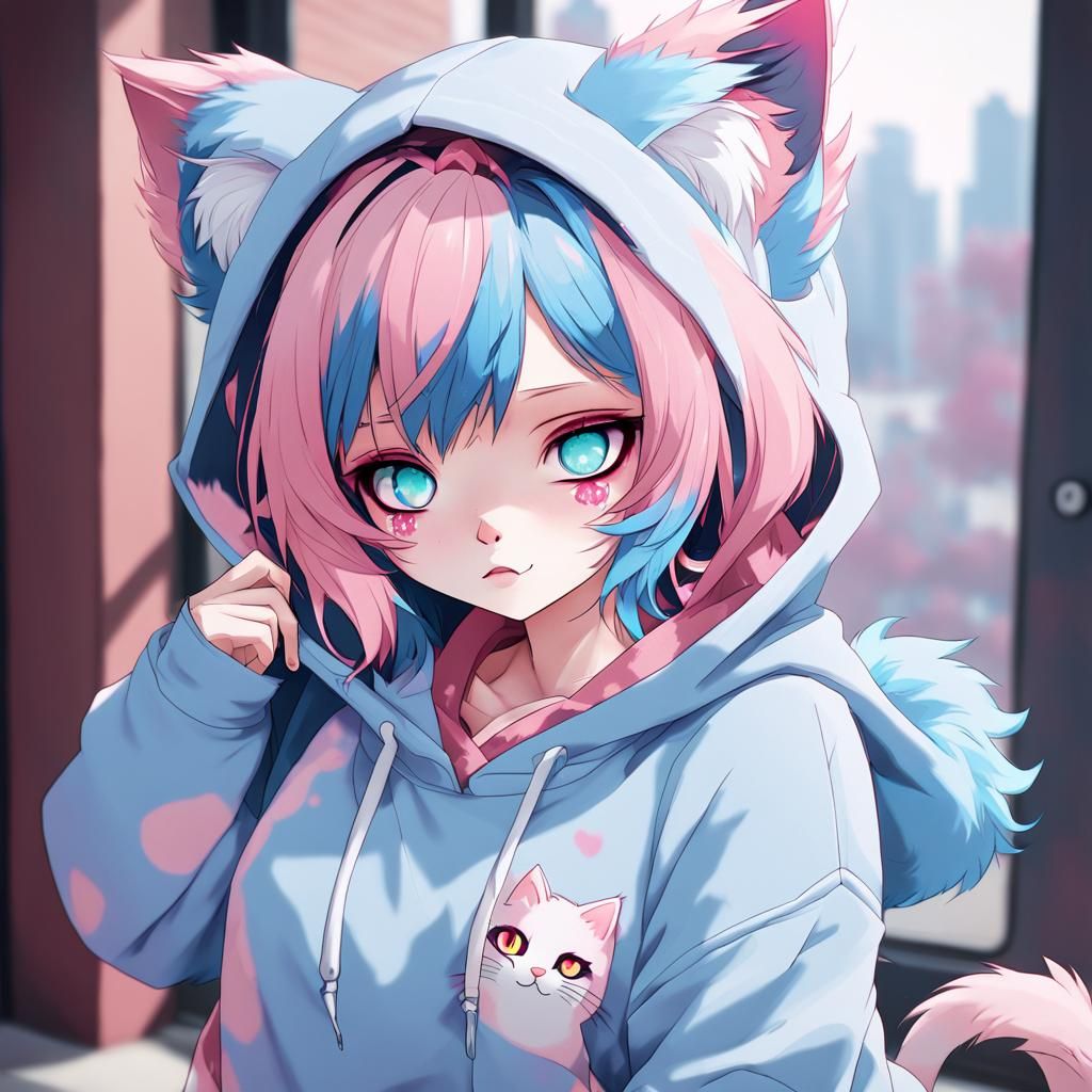 Adorable Emo Catgirl Portrait with Tattoos and Hoodie