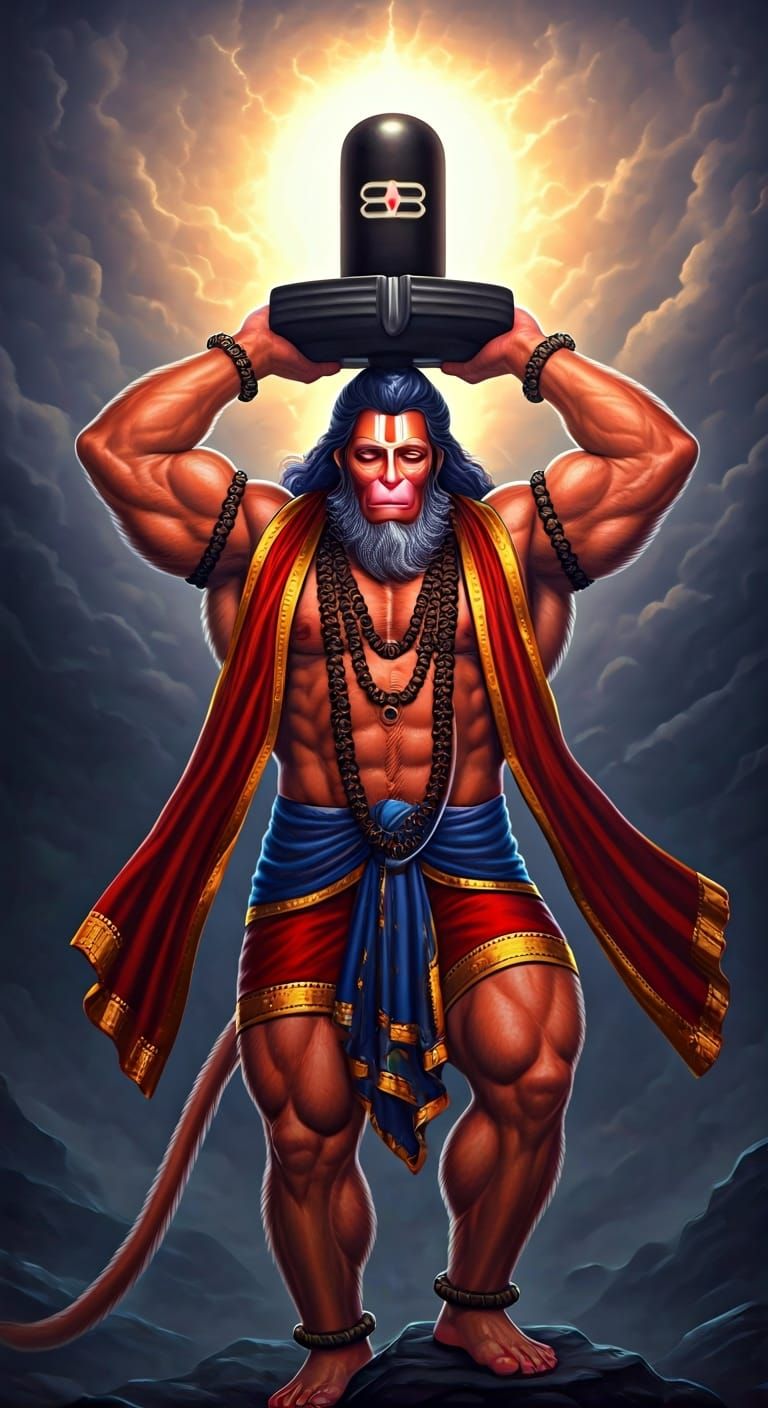 Hanuman Lifting Shiva Lingam: Spiritual Digital Art