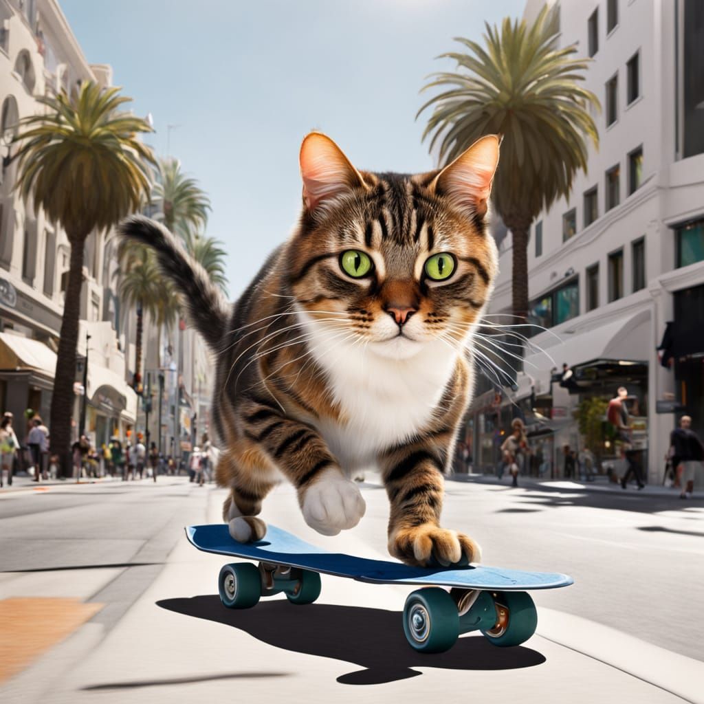 Feline Skater Cruises Down Rodeo Drive in Photorealistic Sty...