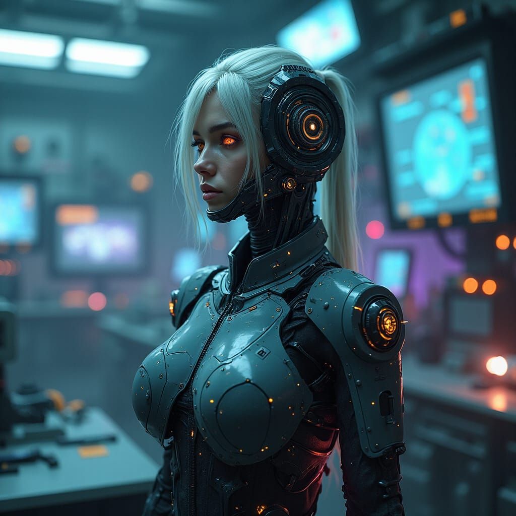 Cyborg Woman in a Futuristic Cyberpunk Laboratory