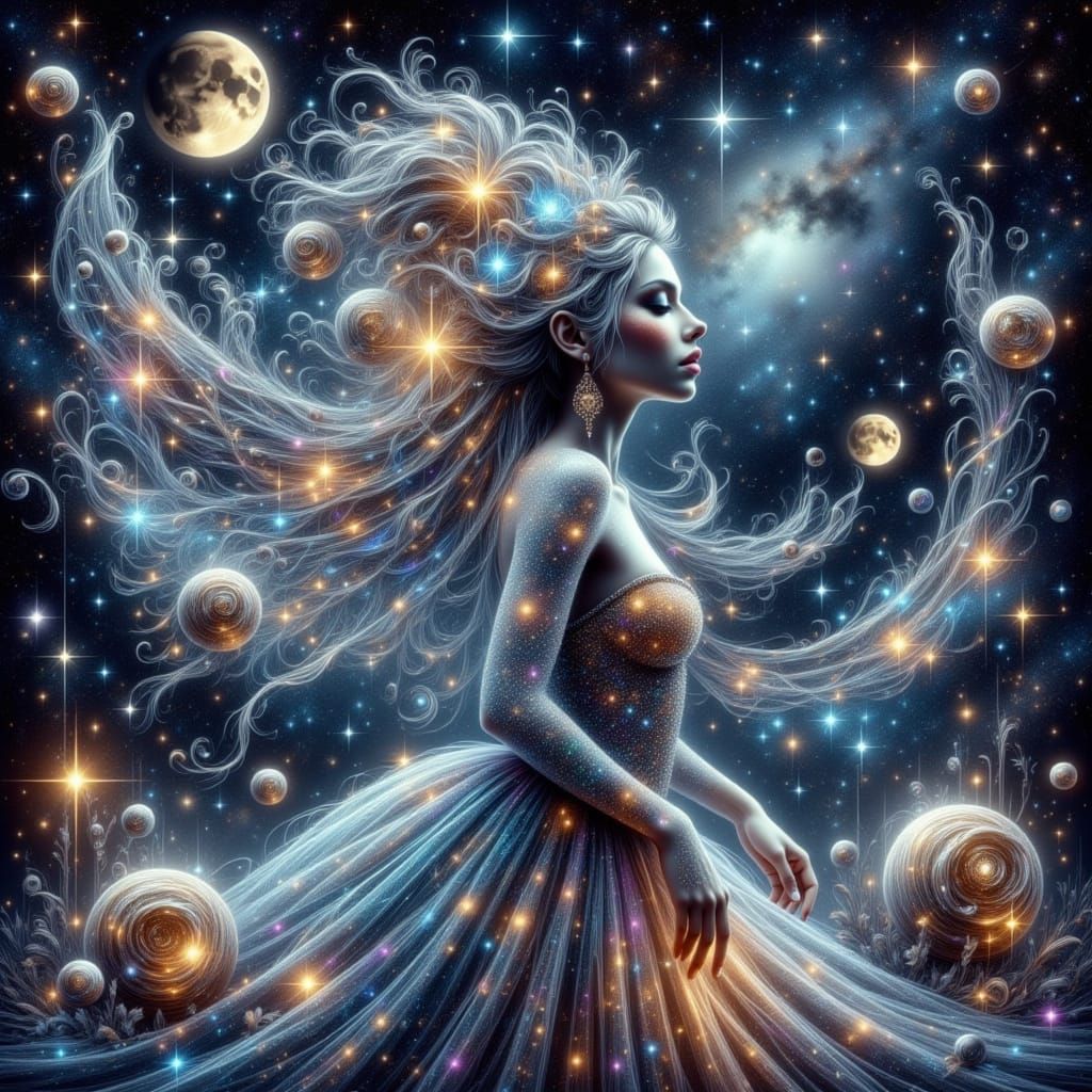 Glowing Cosmic Goddess with Starlight Hair and Celestial Gow...