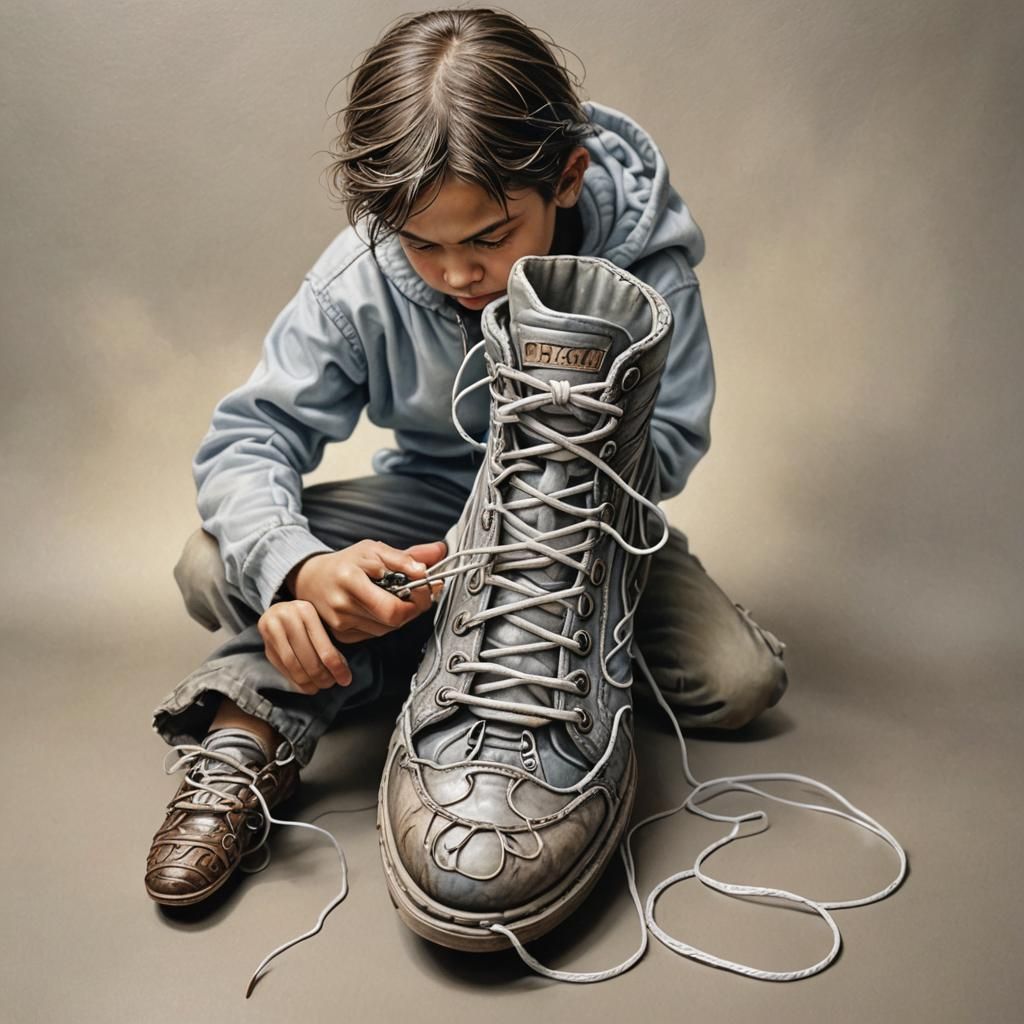 String Person Tying Shoe: Airbrush Fantasy Art