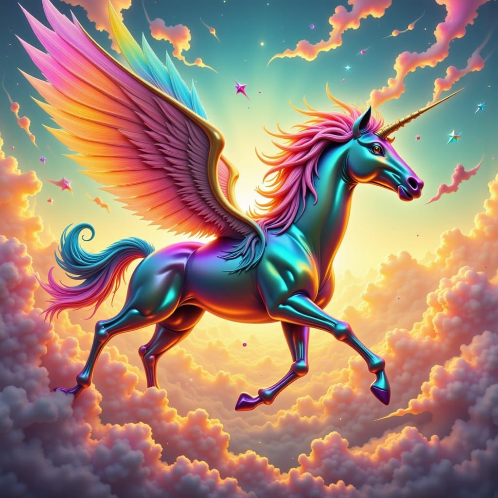 Rainbow Pegasus Soaring at Sunrise, Mythical Art