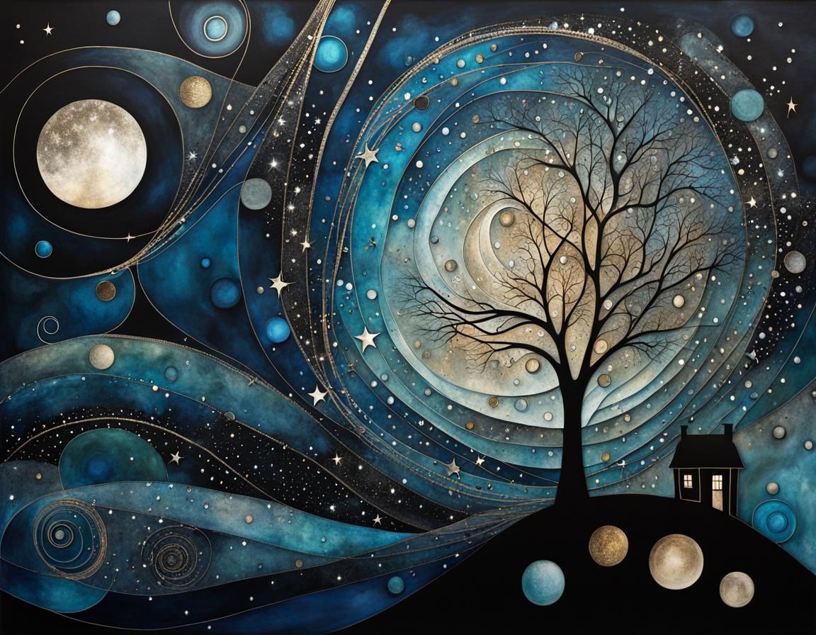 Surreal Dark Sky Masterpiece with Geometric Stars