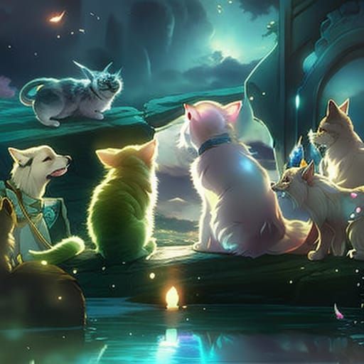 Cats and Dogs Friendship in Anime Style