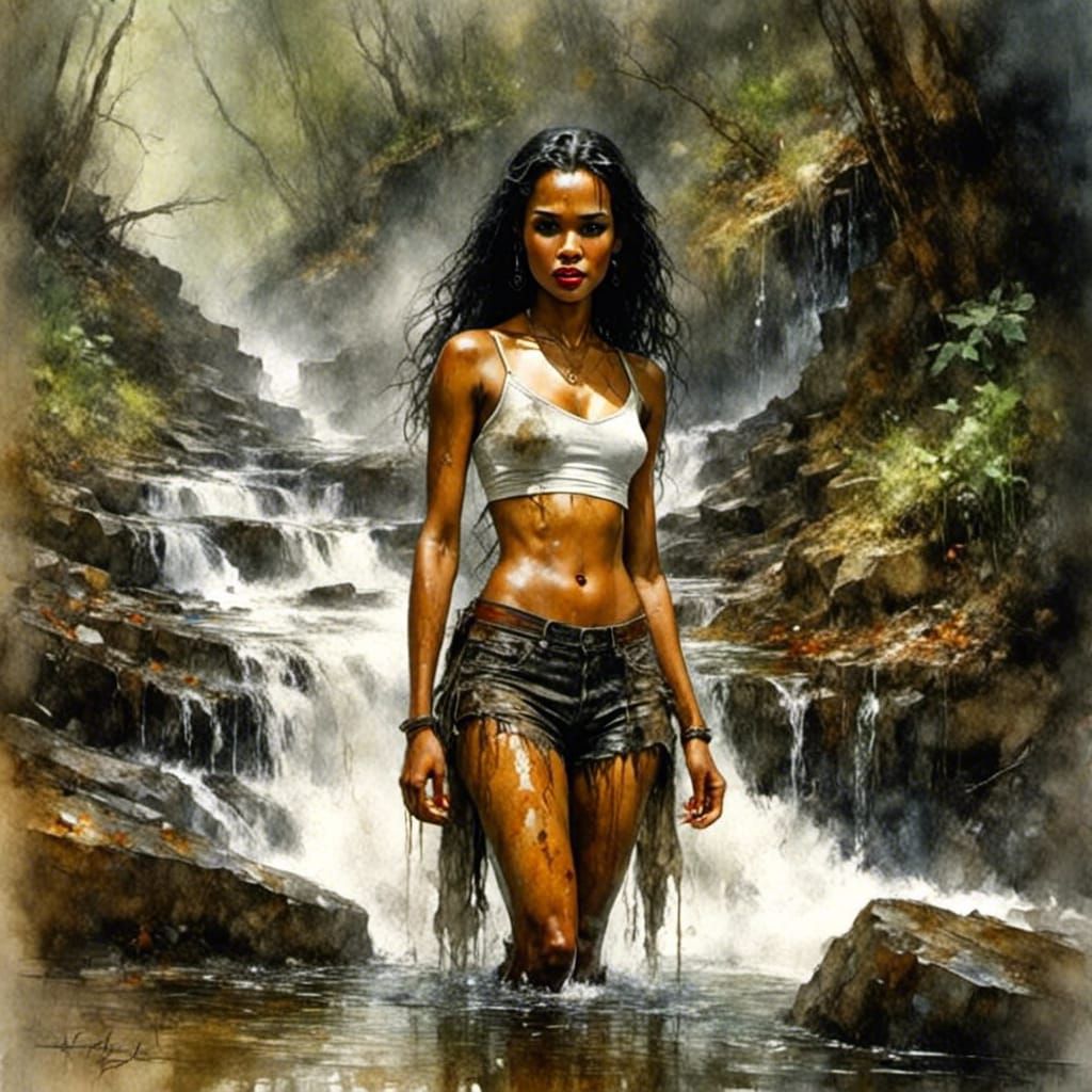 Boho Girl in Watercolor Impasto Landscape