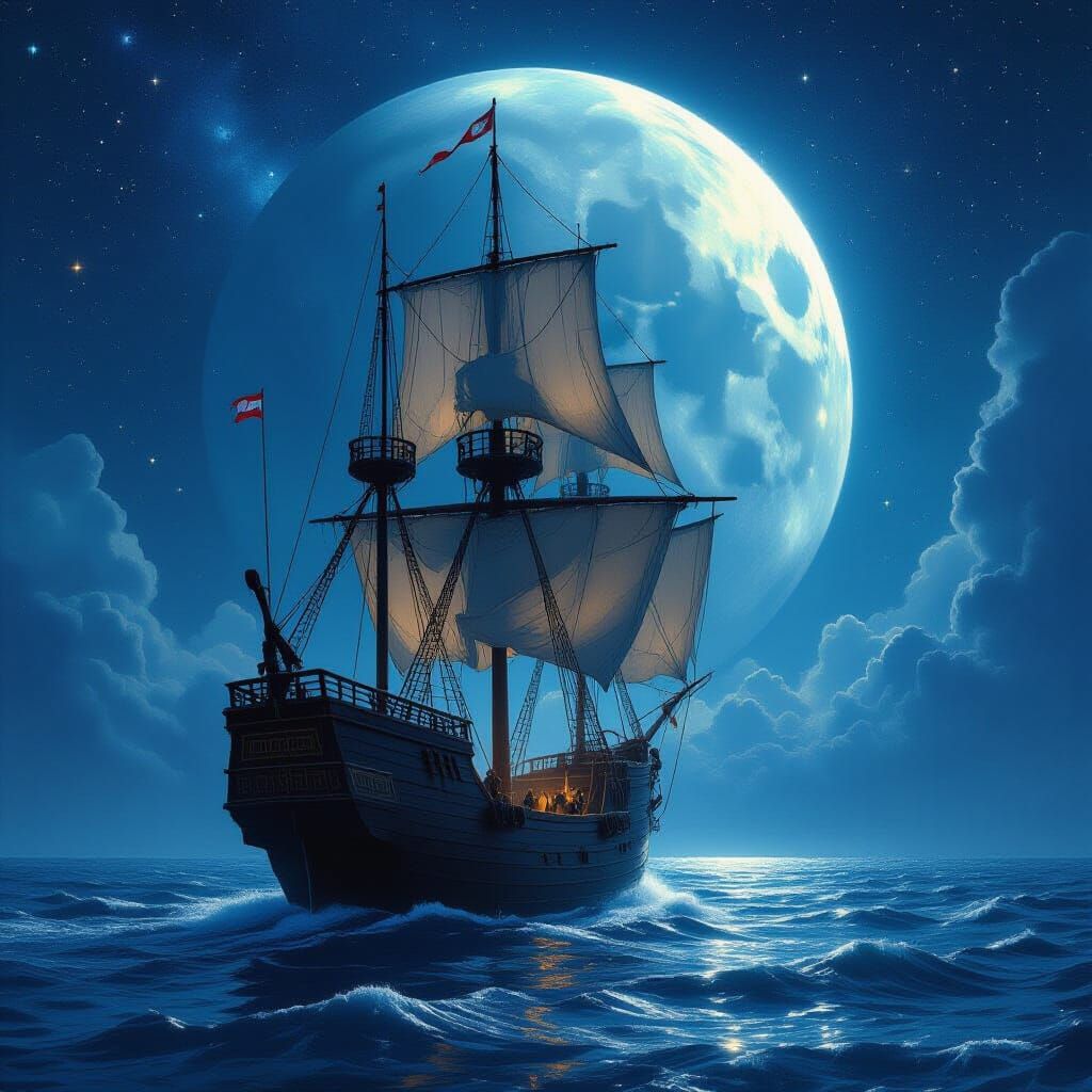 Galleon Sails Through Starlit Ocean With Giant Planet