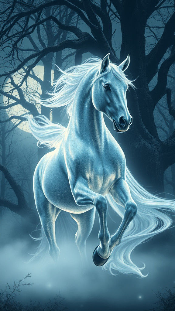 Ethereal Horse Emerges from Mystical Forest Fog
