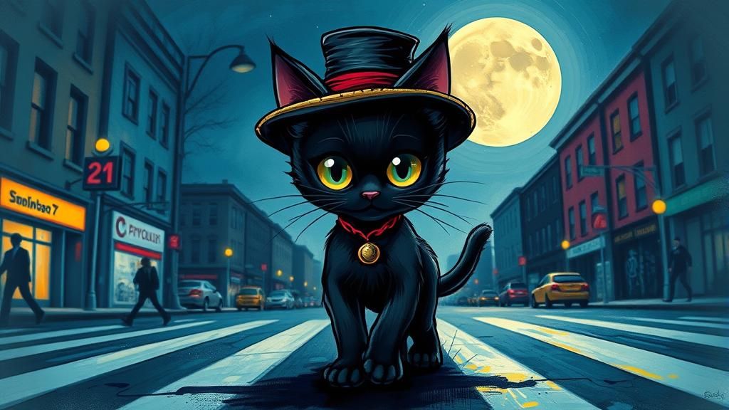 Cute Kitten's Night Stroll in Graffiti Art Style