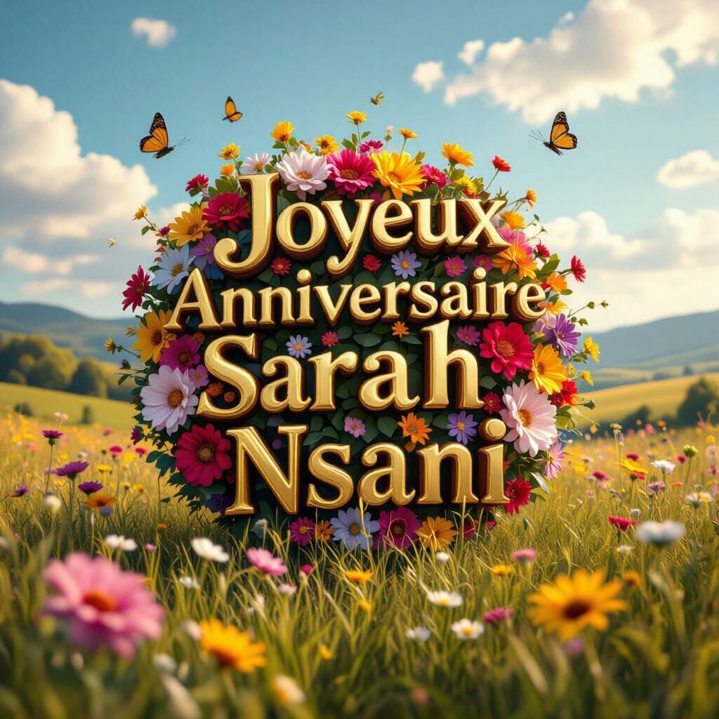 Golden 3D Birthday Greeting with Flowers and Landscape
