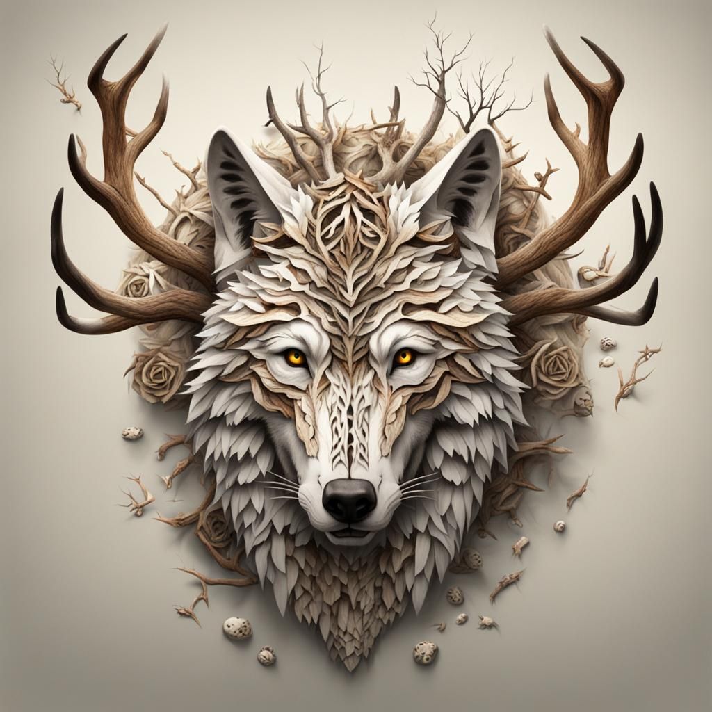 Majestic Wolf Made of Antlers and Bones