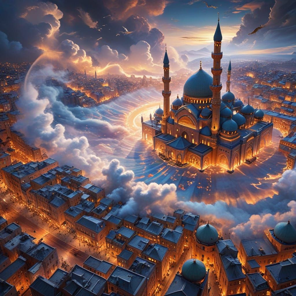 Magic Carpet Ride Over an Arabian City at Sunset