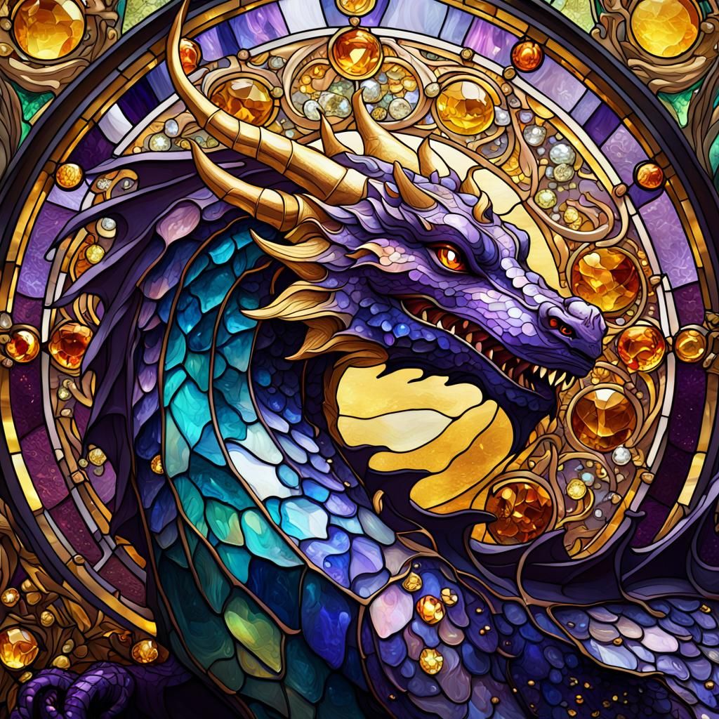 Stained Glass Dragon on Gold, Alphonse Mucha Style