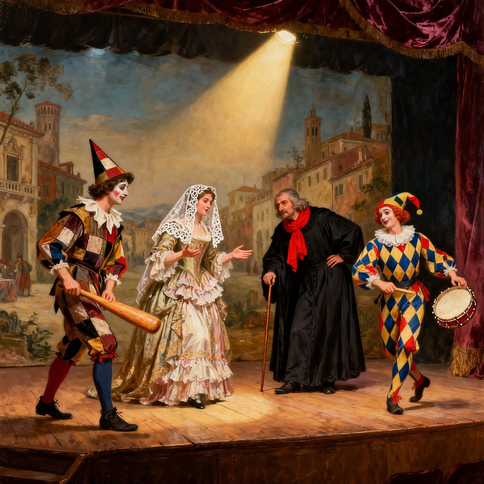 Commedia dell’ Arte Characters Performing on Stage Painting