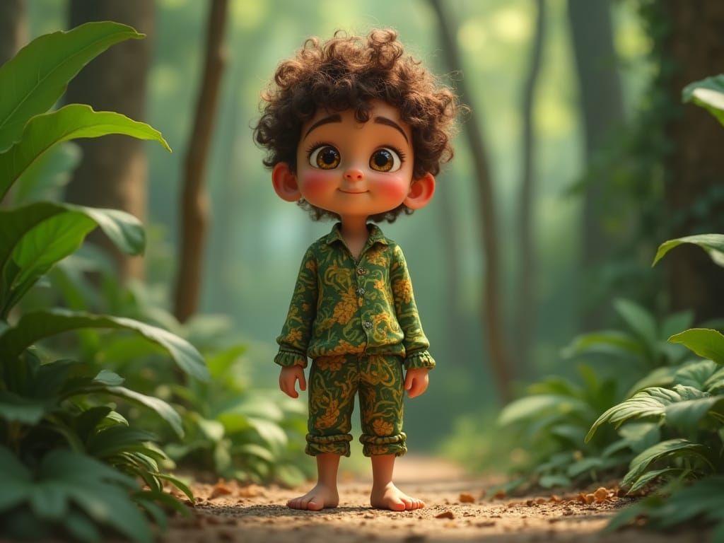 Realistic Boy in Leafy Attire, Rendered in 3D Pixar Style