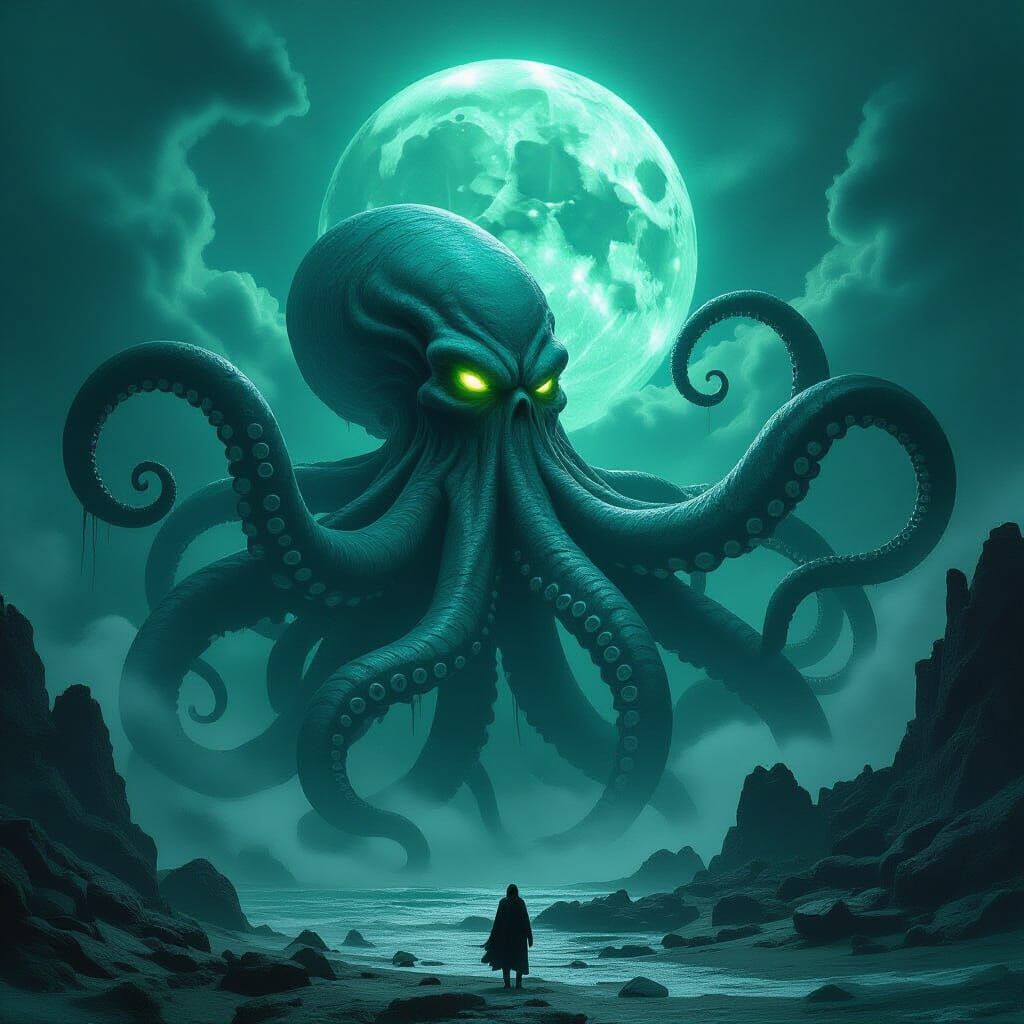 Kraken Emerges from Devil's Sea under Green Moon