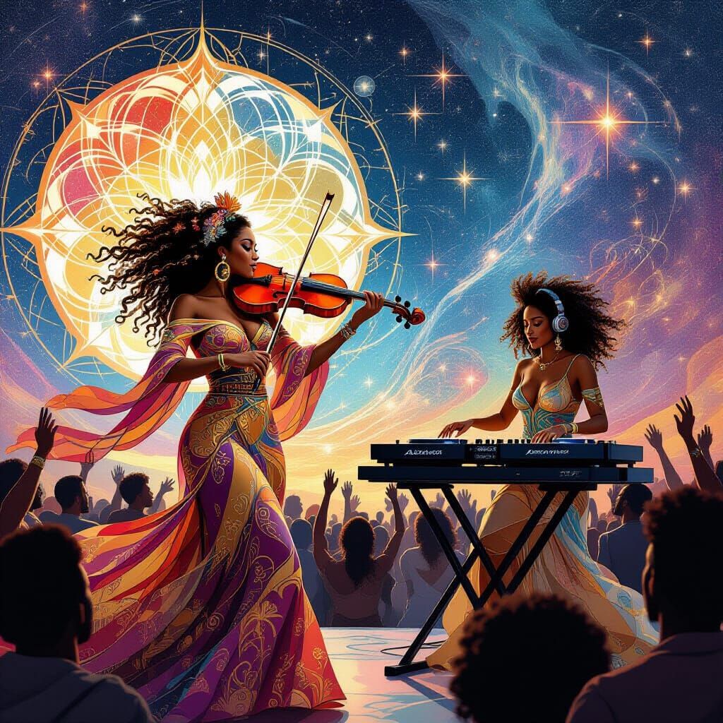 Afro-Futurist Violinist and DJ in Galactic Nebula